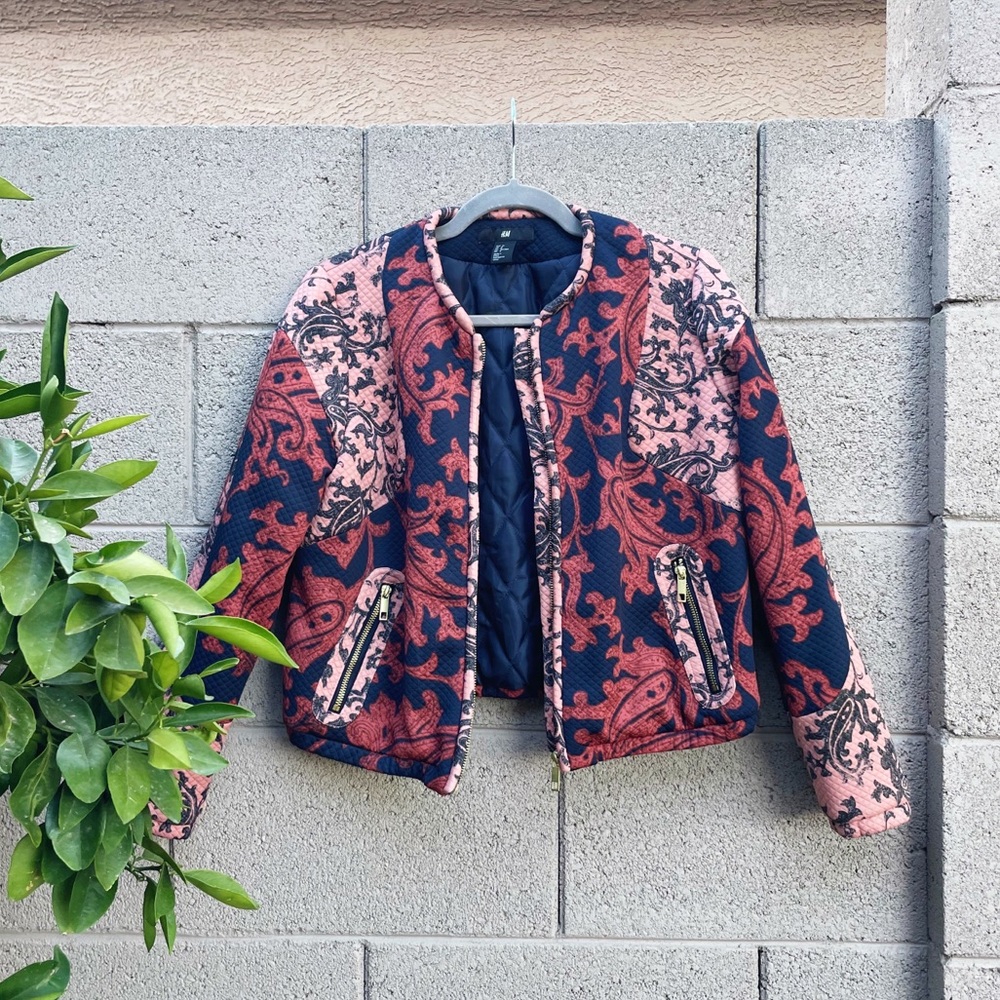 H&M Quilted Damask Baroque Cropped Bomber Jacket